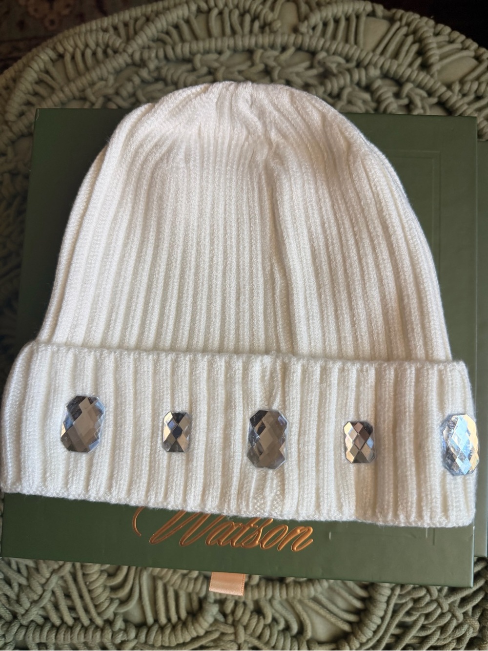 White Ribbed Knit Cuff Beanie with Faceted Gem Accents